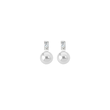 Brincos Majorica Tu y Yo prateados com pérolas murano de 8mm e zircónias por cima visto de frente