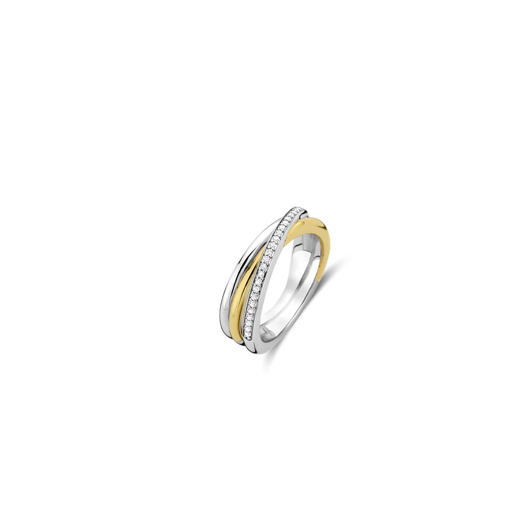 Anel Ti Sento - Milano Prata 925 triplo com uma argola prateada, outra dourada e a outra prateada com zircónias
