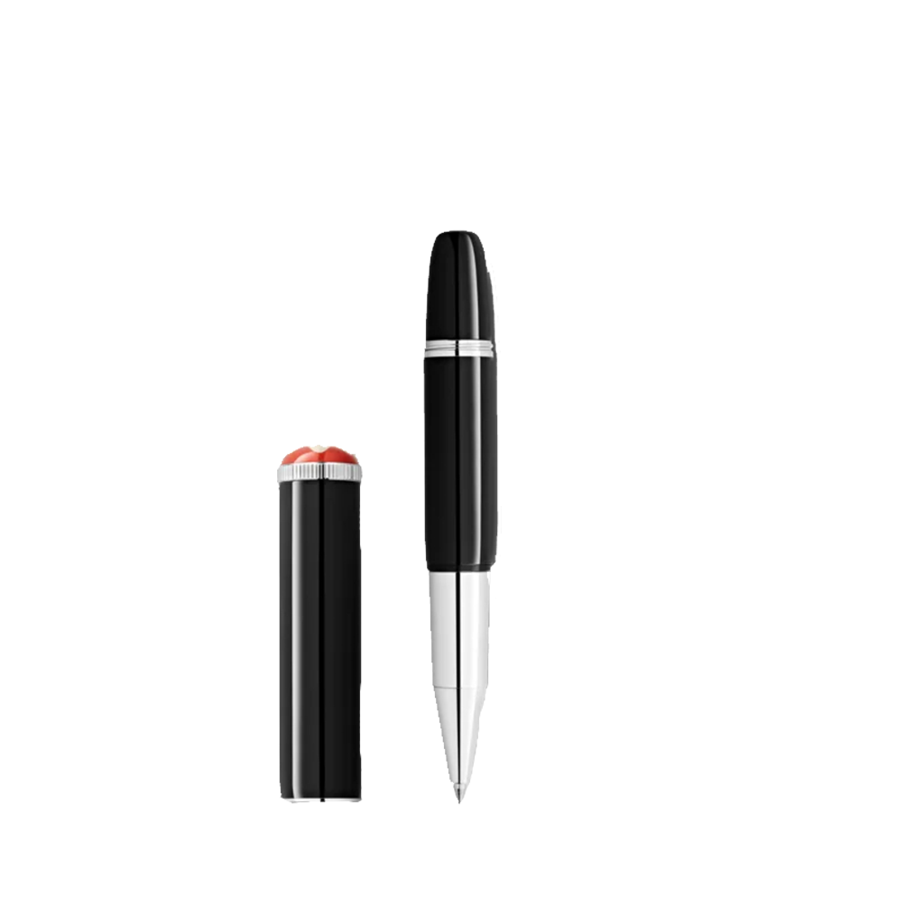 Caneta Heritage Rouge et Noir "Baby" Special Edition Rollerball preta e prateada com tampa ao lado da caneta
