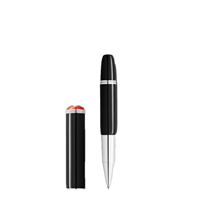 Caneta Heritage Rouge et Noir "Baby" Special Edition Rollerball preta e prateada com tampa ao lado da caneta