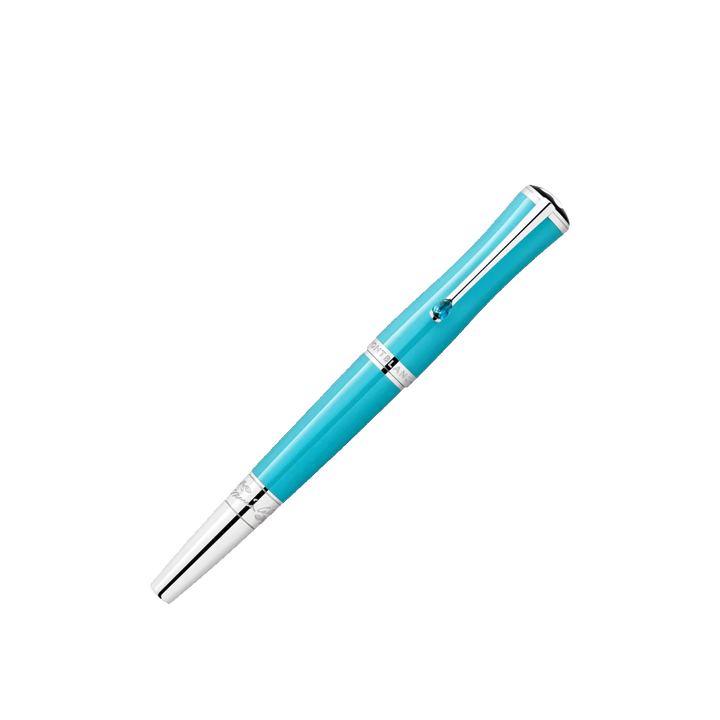 Caneta Muses Maria Callas Special Edition Rollerball turquesa e prateada com tampa fechada