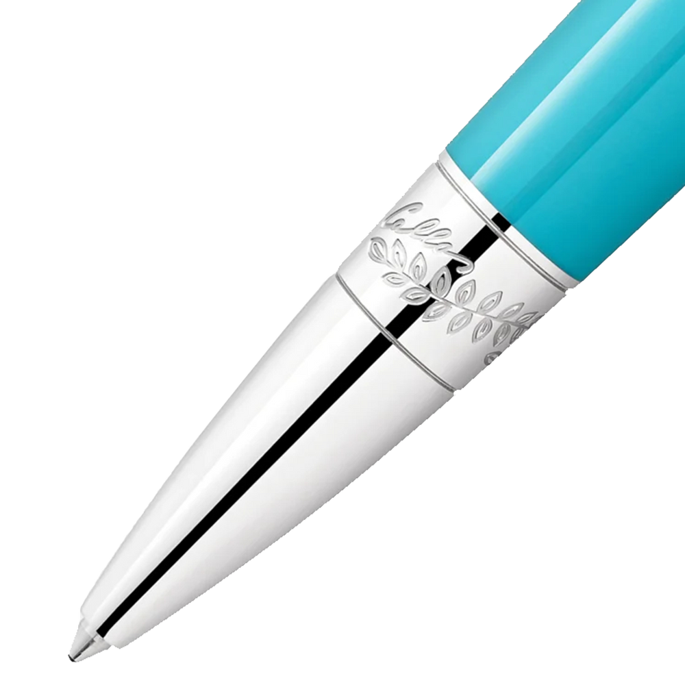 Pormenor da ponta da Caneta Muses Maria Callas Special Edition Ballpoint turquesa e prateada