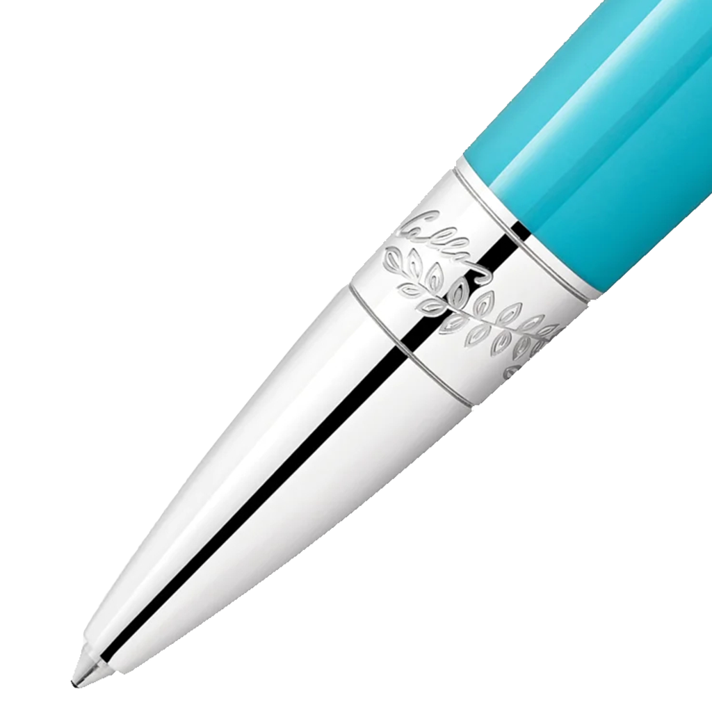 Pormenor da ponta da Caneta Muses Maria Callas Special Edition Ballpoint turquesa e prateada