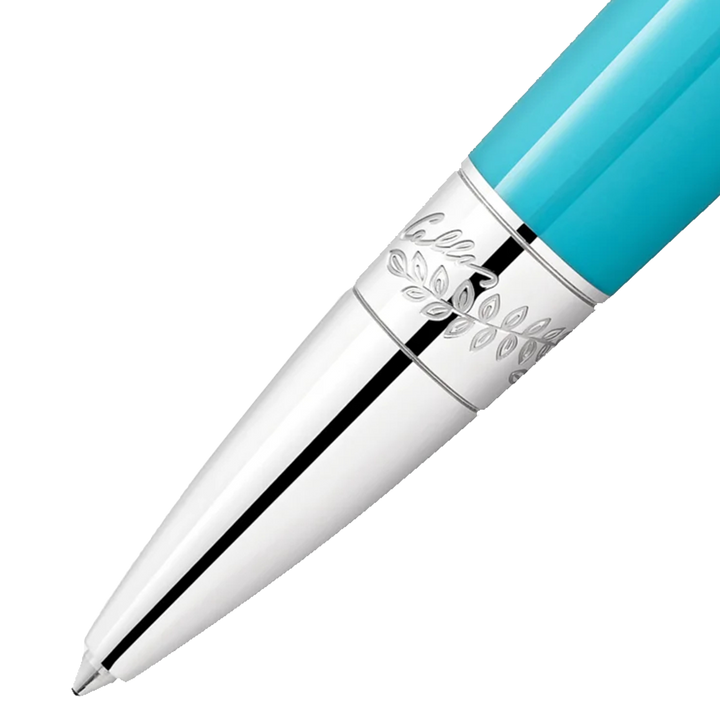 Pormenor da ponta da Caneta Muses Maria Callas Special Edition Ballpoint turquesa e prateada