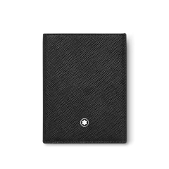 Uma carteira de couro da Montblanc na cor preta com uma superfície texturizada com design elegante e sofisticado. Ela apresenta o emblemático emblema da Montblanc em branco e preto, centralizado na metade inferior frontal da carteira. A estrutura compacta e plana sugere um acessório sofisticado para carregar itens essenciais.
