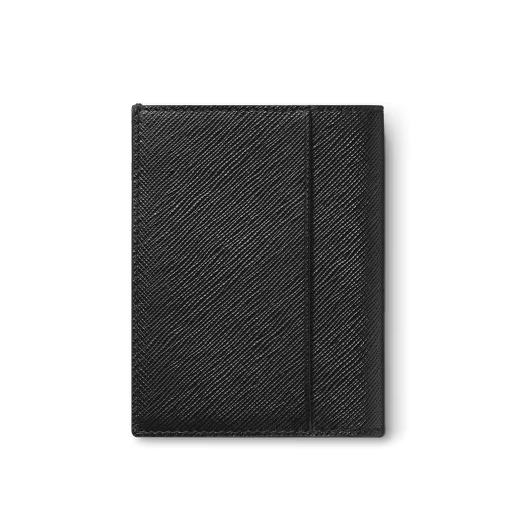 Uma carteira de couro da Montblanc com uma superfície texturizada visível, sugerindo que é feita de couro de alta qualidade. A carteira é totalmente preta e apresenta uma forma retangular limpa com cantos arredondados. Uma costura vertical corre pelo meio das costas da carteira, adicionando detalhes ao seu design. Não há fechos ou fixações visíveis, indicando que pode ser um estilo bi-fold que abre horizontalmente