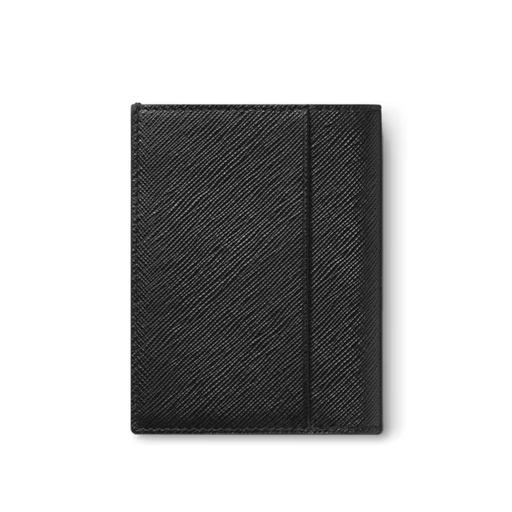 Uma carteira de couro da Montblanc com uma superfície texturizada visível, sugerindo que é feita de couro de alta qualidade. A carteira é totalmente preta e apresenta uma forma retangular limpa com cantos arredondados. Uma costura vertical corre pelo meio das costas da carteira, adicionando detalhes ao seu design. Não há fechos ou fixações visíveis, indicando que pode ser um estilo bi-fold que abre horizontalmente