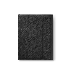 Uma carteira de couro da Montblanc com uma superfície texturizada visível, sugerindo que é feita de couro de alta qualidade. A carteira é totalmente preta e apresenta uma forma retangular limpa com cantos arredondados. Uma costura vertical corre pelo meio das costas da carteira, adicionando detalhes ao seu design. Não há fechos ou fixações visíveis, indicando que pode ser um estilo bi-fold que abre horizontalmente