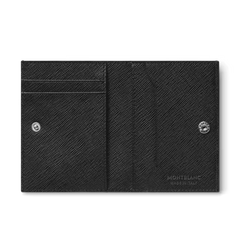 Carteira de couro Montblanc, feita na Itália, aberta seu interior de couro texturizado preto com detalhes de costura visíveis. No lado esquerdo, há dois compartimentos para cartões e um bolso maior abaixo deles, protegido por um botão de pressão prateado. O lado direito apresenta três compartimentos adicionais para cartões com o logotipo da Montblanc em relevo no canto inferior direito.