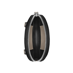 Imagem em close-up de um estojo rígido oval preto com um zíper prateado parcialmente aberto, revelando o interior preto. O estojo parece robusto e compacto, adequado para armazenar pequenos itens como óculos ou eletrônicos. O fundo é completamente branco, destacando o design e as características do estojo.