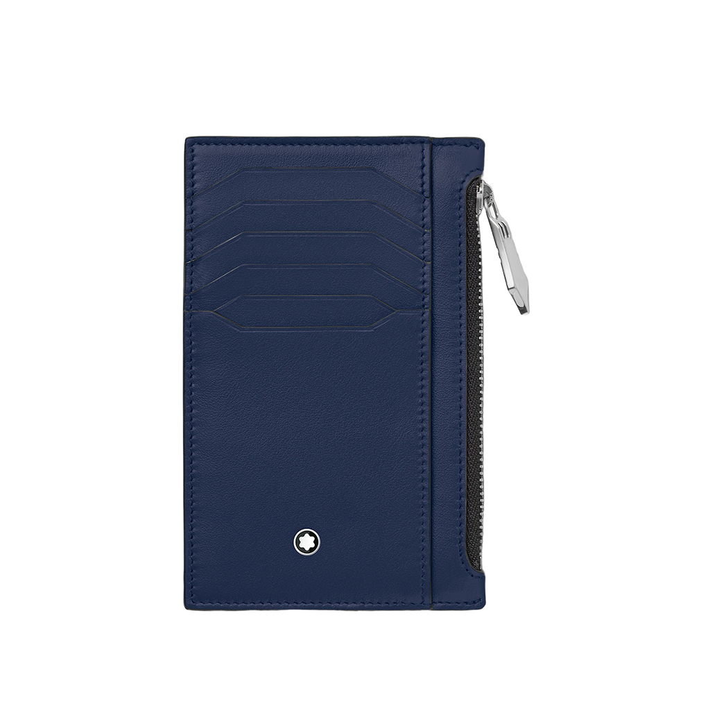 Uma carteira de couro da Montblanc na cor azul profundo, apresentando vários compartimentos para cartões na frente com um padrão em relevo distinto. A carteira tem um fecho prateado no lado direito e é adornada com o emblemático emblema da Montblanc no centro inferior. O fundo é branco puro, destacando o design e a cor da carteira.