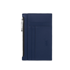 Uma carteira de couro da Montblanc na cor azul profundo. A carteira tem uma orientação vertical com vários compartimentos para cartões visíveis na frente. Há um logotipo da Montblanc em relevo perto do canto inferior direito. No lado esquerdo, há um fecho prateado que parece correr ao longo da borda da carteira, sugerindo um compartimento separado para moedas ou outros itens