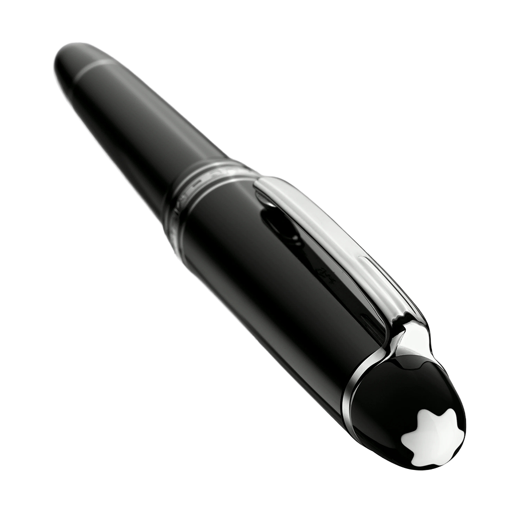 Vista de cima com logo Montblanc Caneta Meisterstück Platinum-Coated Classique Rollerball preto e prateada