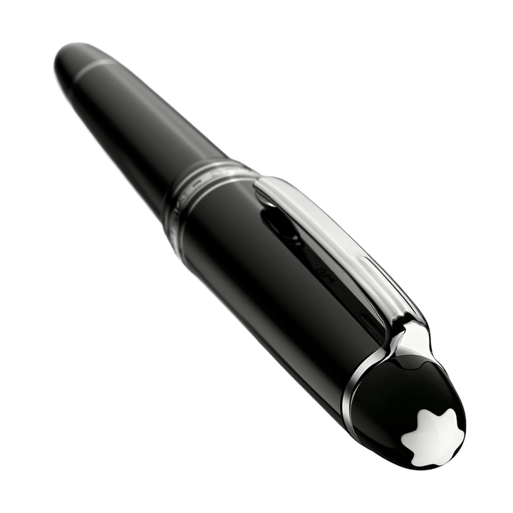 Vista de cima com logo Montblanc Caneta Meisterstück Platinum-Coated Classique Rollerball preto e prateada