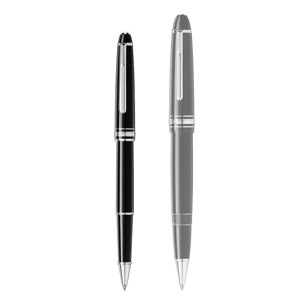 2 tamanhos de canetas com a pequena na esquerda e a maior na direita sendo a da esquerda a Caneta Meisterstück Platinum-Coated Classique Rollerball preto e prateada