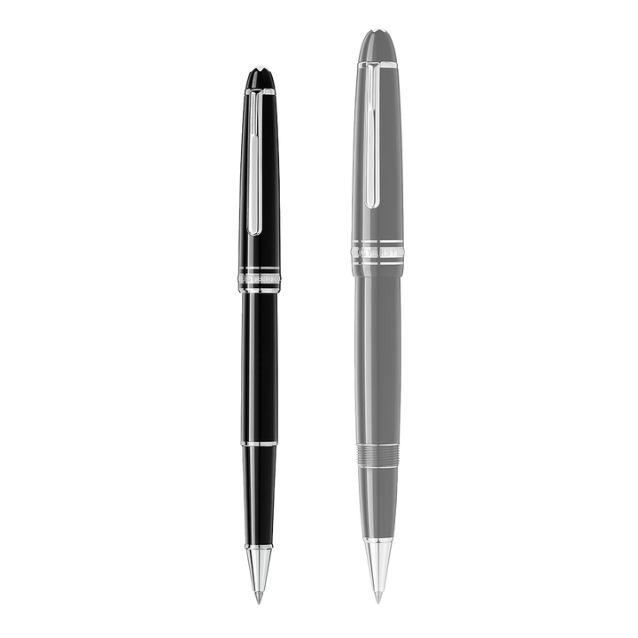 2 tamanhos de canetas com a pequena na esquerda e a maior na direita sendo a da esquerda a Caneta Meisterstück Platinum-Coated Classique Rollerball preto e prateada