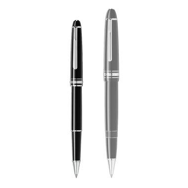 2 tamanhos de canetas com a pequena na esquerda e a maior na direita sendo a da esquerda a Caneta Meisterstück Platinum-Coated Classique Rollerball preto e prateada