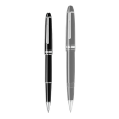 2 tamanhos de canetas com a pequena na esquerda e a maior na direita sendo a da esquerda a Caneta Meisterstück Platinum-Coated Classique Rollerball preto e prateada
