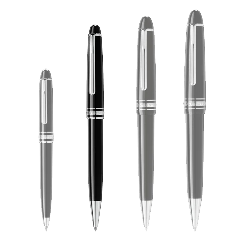 4 tamanhos de canetas da pequena para a maior da esquerda para a direita sendo a segunda a Caneta Meisterstück Rose Platinum-Coated Ballpoint preta e prateada