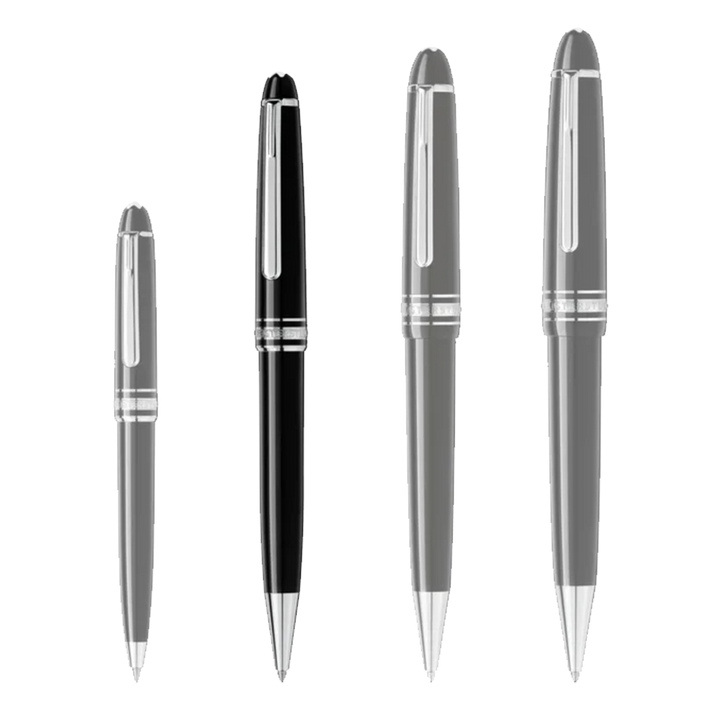 4 tamanhos de canetas da pequena para a maior da esquerda para a direita sendo a segunda a Caneta Meisterstück Rose Platinum-Coated Ballpoint preta e prateada