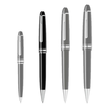 4 tamanhos de canetas da pequena para a maior da esquerda para a direita sendo a segunda a Caneta Meisterstück Rose Platinum-Coated Ballpoint preta e prateada