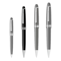 4 tamanhos de canetas da pequena para a maior da esquerda para a direita sendo a segunda a Caneta Meisterstück Rose Platinum-Coated Ballpoint preta e prateada