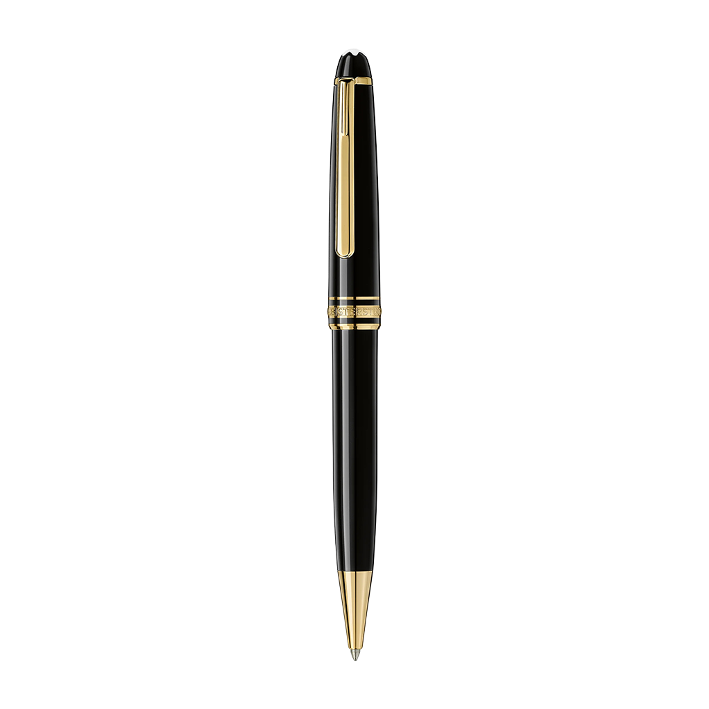 Esferográfica de resina da Montblanc, apresentando um elegante corpo e tampa pretos com detalhes em ouro, incluindo o clipe, anéis e ponta. O design é clássico e elegante, típico da marca Montblanc, conhecida por seus instrumentos de escrita de luxo.”