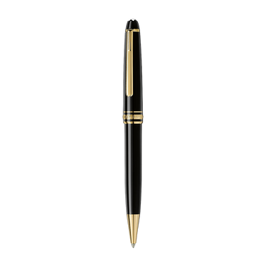 Esferográfica de resina da Montblanc, apresentando um elegante corpo e tampa pretos com detalhes em ouro, incluindo o clipe, anéis e ponta. O design é clássico e elegante, típico da marca Montblanc, conhecida por seus instrumentos de escrita de luxo.”