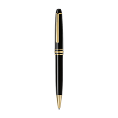 Esferográfica de resina da Montblanc, apresentando um elegante corpo e tampa pretos com detalhes em ouro, incluindo o clipe, anéis e ponta. O design é clássico e elegante, típico da marca Montblanc, conhecida por seus instrumentos de escrita de luxo.”