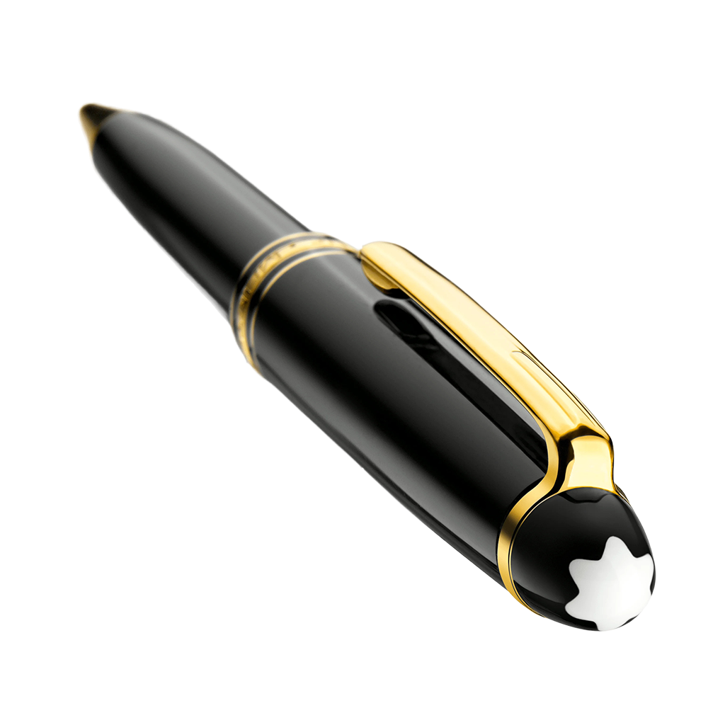 Esferográfica de resina da Montblanc com acabamento preto brilhante e detalhes em ouro, incluindo o clipe e os anéis. O emblemático emblema da Montblanc é visível no topo da tampa da caneta, que é branco e tem formato de estrela ou floco de neve.”