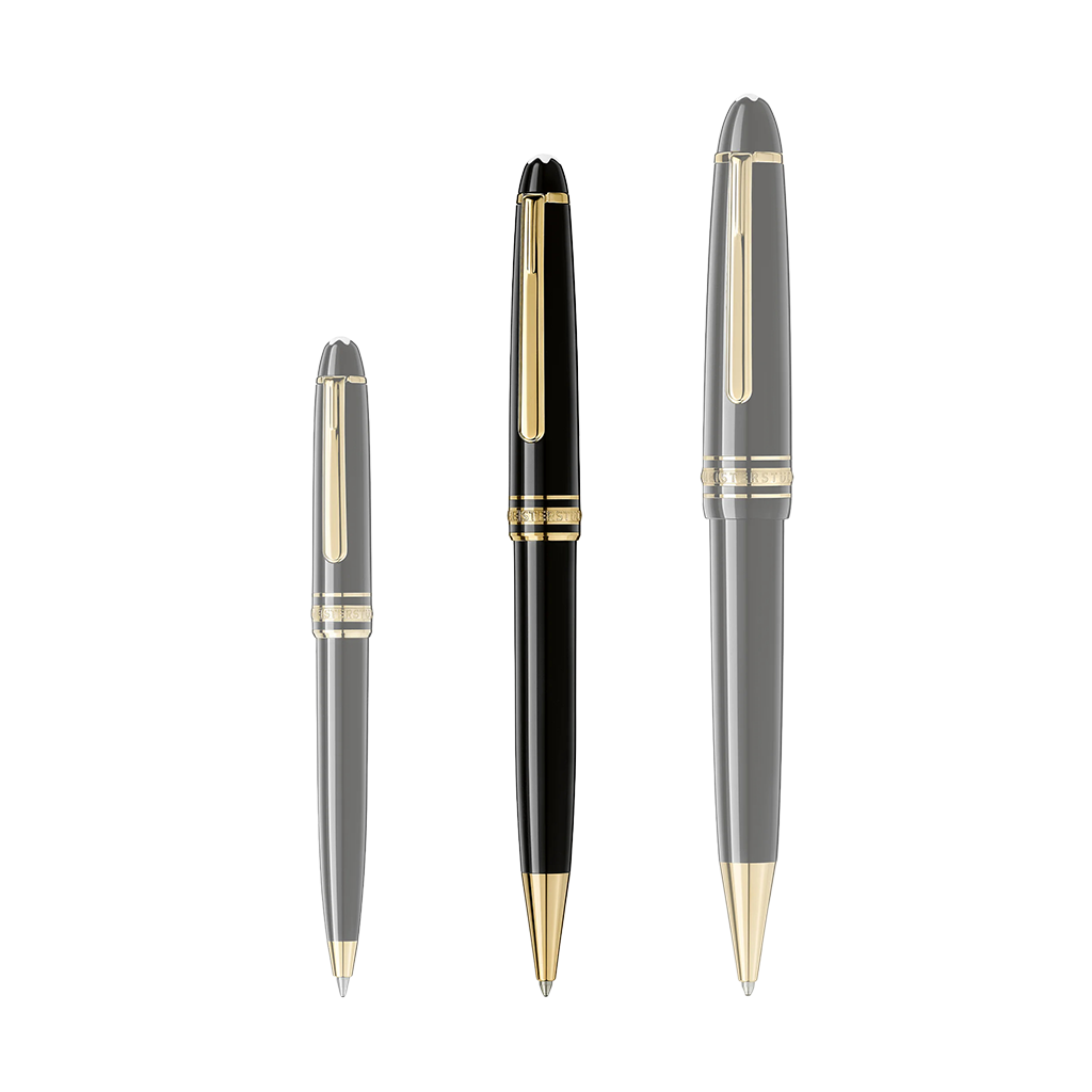 Imagem exibindo três esferográficas de resina da Montblanc, cada uma mostrada de um ângulo diferente para destacar vários recursos de design. As canetas têm um corpo preto brilhante e elegante com detalhes em ouro ou prata no clipe, ponta e banda central. O emblemático emblema da Montblanc é visível no topo da tampa. Esses instrumentos de escrita são interessantes por seu design clássico e a reputação da marca por artesanato de alta qualidade