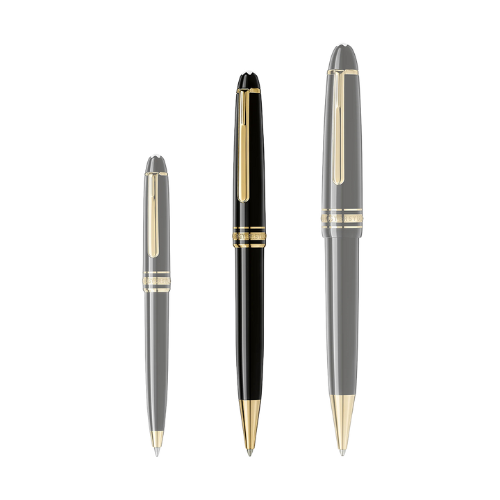 Imagem exibindo três esferográficas de resina da Montblanc, cada uma mostrada de um ângulo diferente para destacar vários recursos de design. As canetas têm um corpo preto brilhante e elegante com detalhes em ouro ou prata no clipe, ponta e banda central. O emblemático emblema da Montblanc é visível no topo da tampa. Esses instrumentos de escrita são interessantes por seu design clássico e a reputação da marca por artesanato de alta qualidade