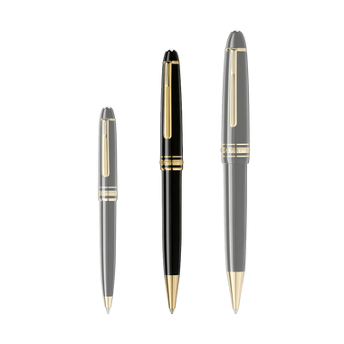 Imagem exibindo três esferográficas de resina da Montblanc, cada uma mostrada de um ângulo diferente para destacar vários recursos de design. As canetas têm um corpo preto brilhante e elegante com detalhes em ouro ou prata no clipe, ponta e banda central. O emblemático emblema da Montblanc é visível no topo da tampa. Esses instrumentos de escrita são interessantes por seu design clássico e a reputação da marca por artesanato de alta qualidade