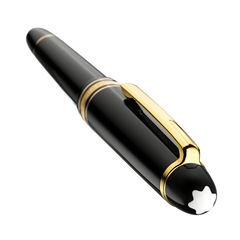 Caneta de resina Montblanc com um barril e tampa pretos elegantes, acentuados com bandas e clipe dourados. O emblemático emblema de estrela branca está visível no topo da tampa, simbolizando o pico do Mont Blanc. O design da caneta reflete uma elegância clássica e um instrumento de escrita luxuoso.