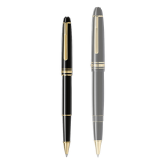 Caneta de resina Montblanc com um elegante barril e tampa pretos, acentuados com bandas e clipe dourados, apresentando um proeminente emblema de estrela branca no topo da tampa. A caneta tem um design clássico que exala elegância e é indicativo do artesanato da marca