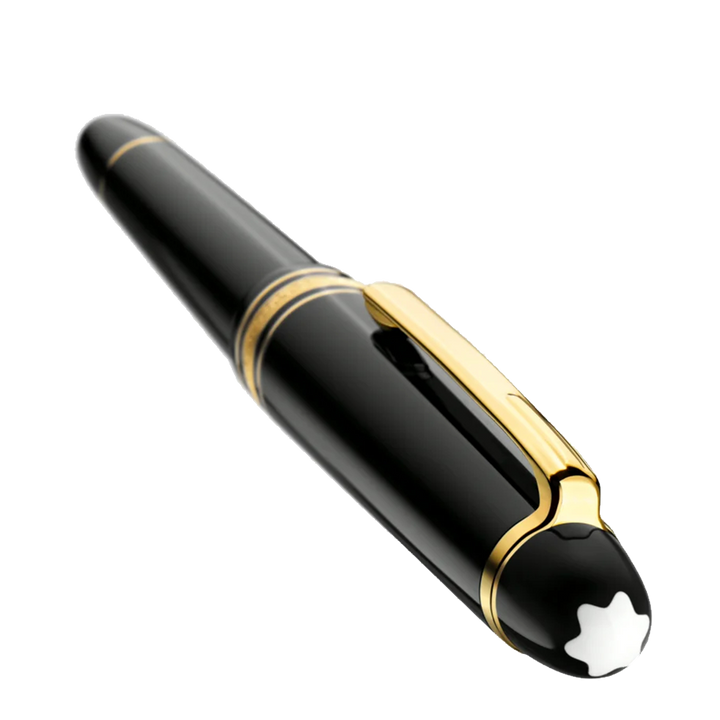 Vista de cima com logo da Montblanc da Caneta Meisterstück Gold-Coated Classique Fountain preta e dourada