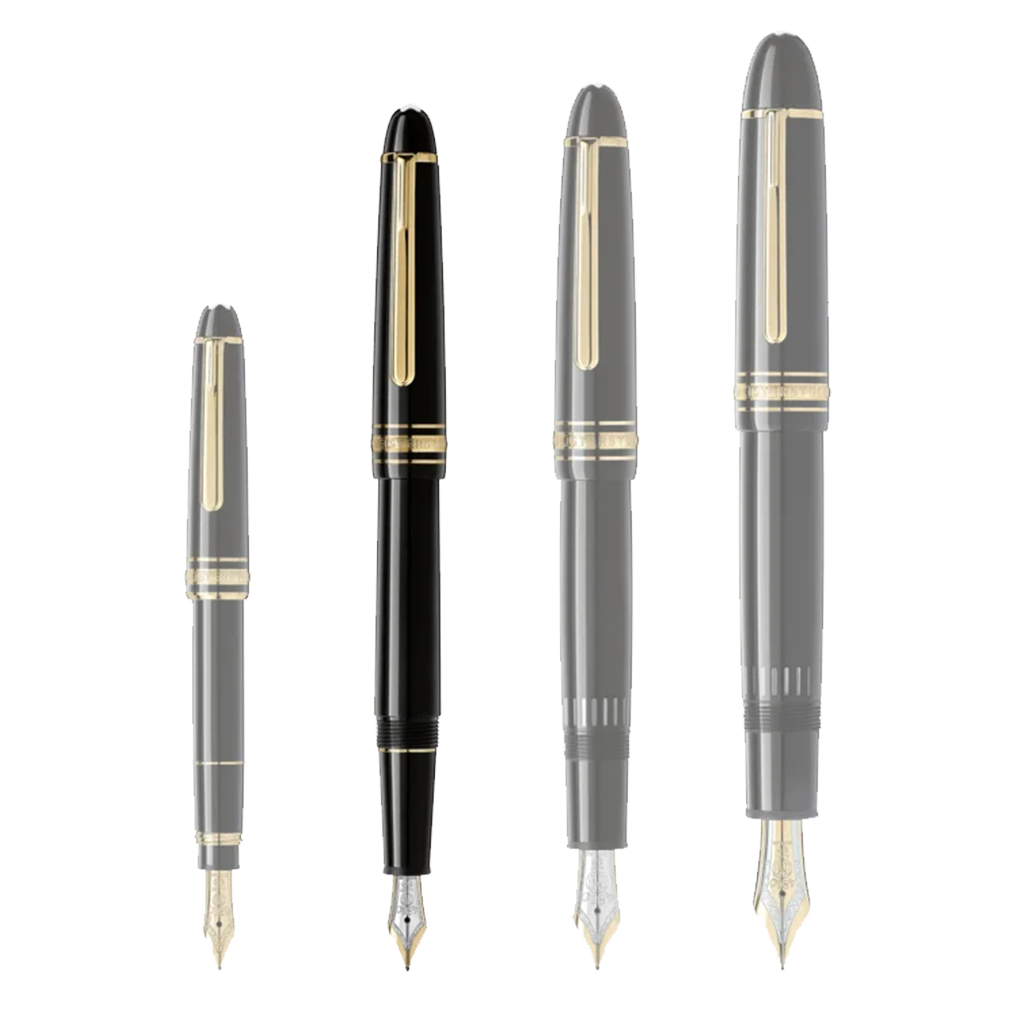 4 tamanhos de canetas da pequena para a maior da esquerda para a direita sendo a segunda a Caneta Meisterstück Gold-Coated Classique Fountain preta e dourada