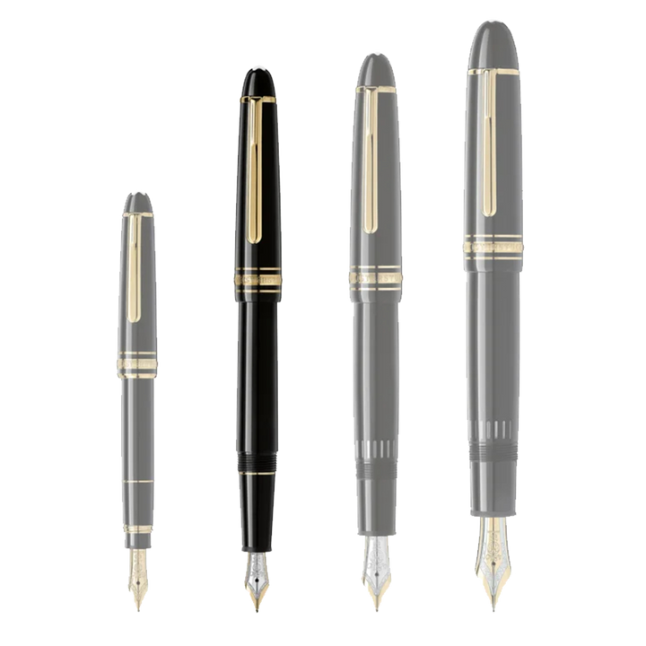 4 tamanhos de canetas da pequena para a maior da esquerda para a direita sendo a segunda a Caneta Meisterstück Gold-Coated Classique Fountain preta e dourada