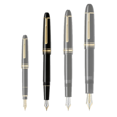 4 tamanhos de canetas da pequena para a maior da esquerda para a direita sendo a segunda a Caneta Meisterstück Gold-Coated Classique Fountain preta e dourada