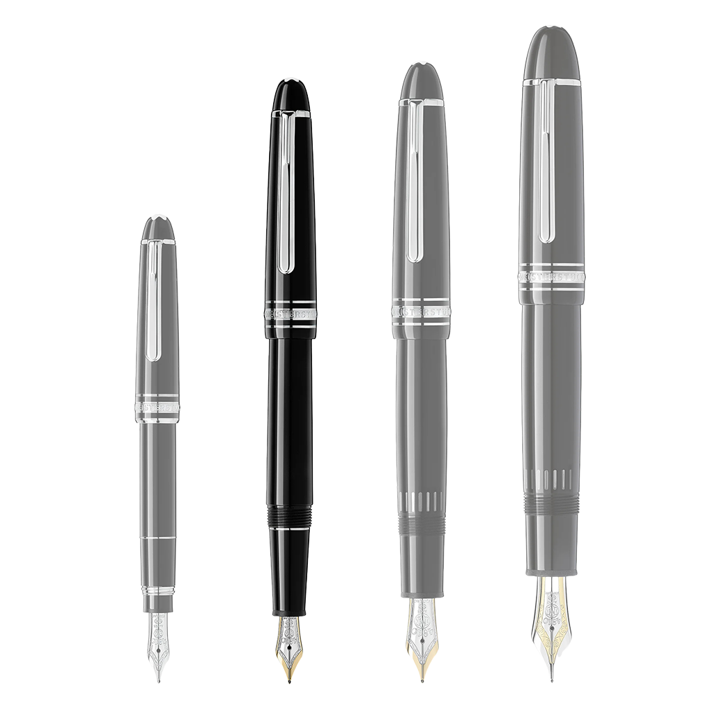 4 tamanhos de canetas da pequena para a maior da esquerda para a direita sendo a segunda a Caneta Meisterstück Platinum-Coated Classique Fountain preta e prateada
