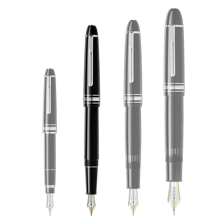 4 tamanhos de canetas da pequena para a maior da esquerda para a direita sendo a segunda a Caneta Meisterstück Platinum-Coated Classique Fountain preta e prateada