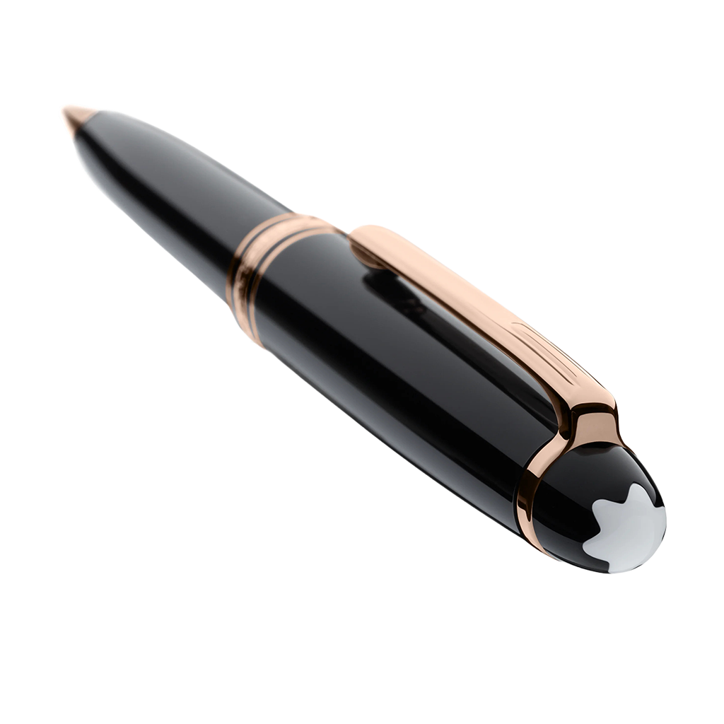 Vista de cima logo Montblanc da Caneta Meisterstück Rose Gold-Coated Ballpoint preta e dourada