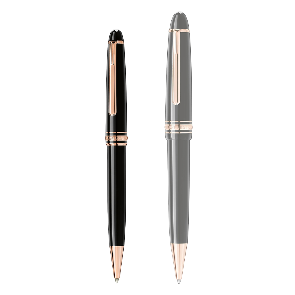 2 tamanhos de canetas com a pequena na esquerda e a maior na direita sendo a da esquerda a Caneta Meisterstück Rose Gold-Coated Ballpoint preta e dourada