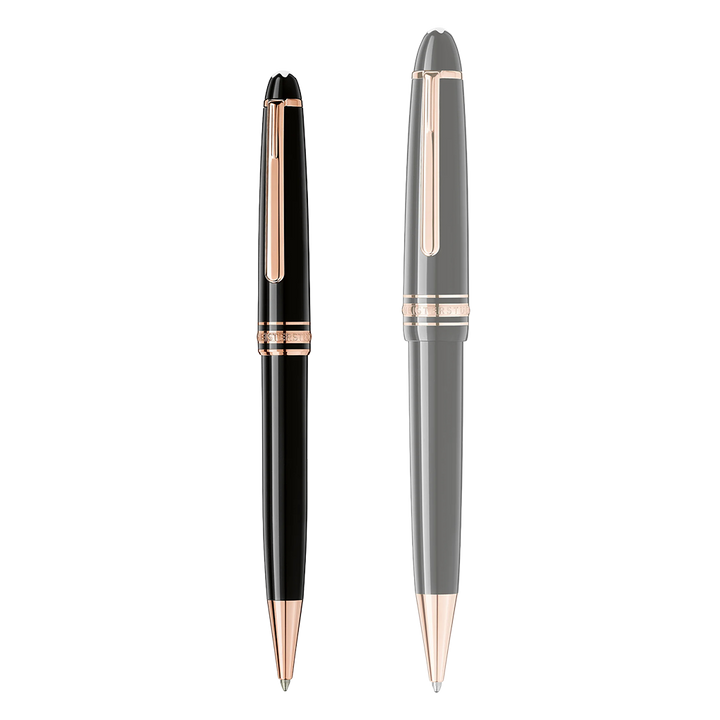 2 tamanhos de canetas com a pequena na esquerda e a maior na direita sendo a da esquerda a Caneta Meisterstück Rose Gold-Coated Ballpoint preta e dourada