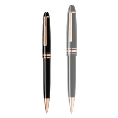 2 tamanhos de canetas com a pequena na esquerda e a maior na direita sendo a da esquerda a Caneta Meisterstück Rose Gold-Coated Ballpoint preta e dourada