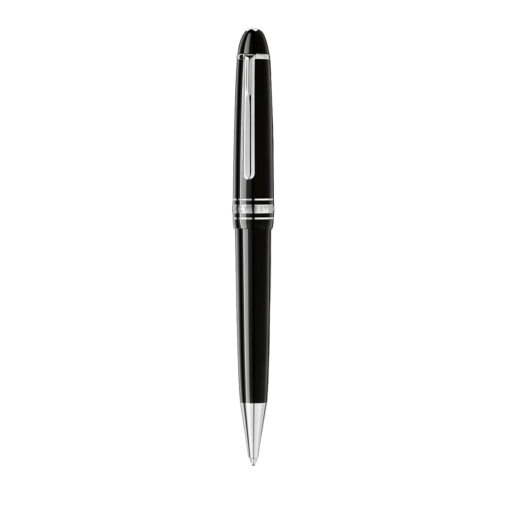 Imagem de uma caneta de resina Montblanc, apresentando um elegante barril preto com um acabamento brilhante. A tampa tem um clipe e uma banda prateados, gravados com o nome da marca Montblanc. A ponta e a extremidade da caneta também são acentuadas com detalhes prateados, dando-lhe uma aparência elegante e profissional.