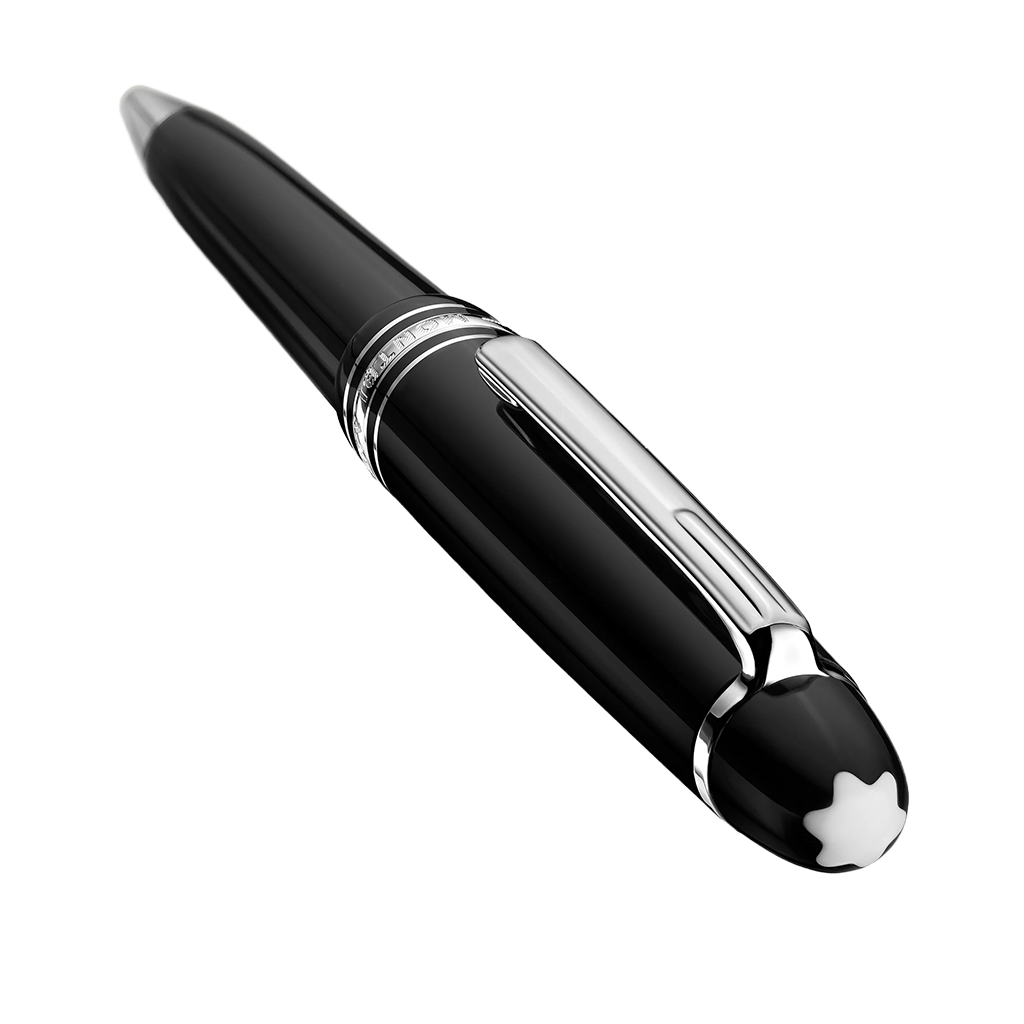 Uma caneta de resina Montblanc, apresentando um elegante barril preto com um acabamento de alto brilho. A tampa é adornada com um clipe e anéis prateados, e o icônico emblema de estrela branca é visível no topo. O design reflete elegância e um estilo clássico associado à marca Montblanc