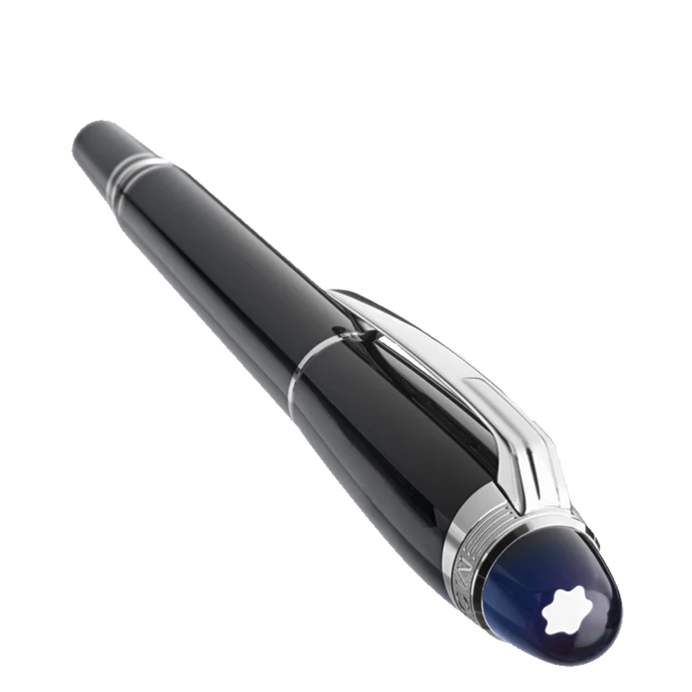 Vista de cima com logo Montblanc branco na Caneta StarWalker Precious Resin Fountain Piston Converter preta e prateada