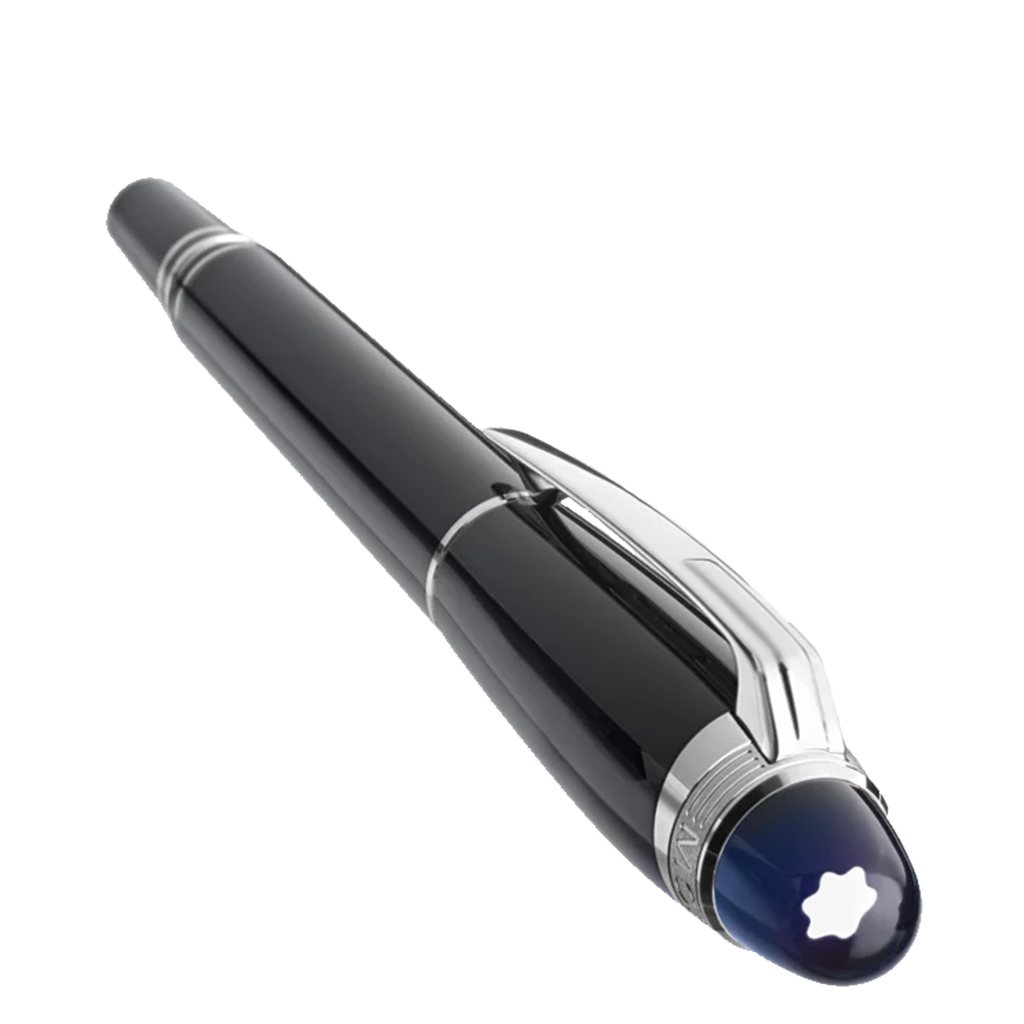 Vista de cima com logo Montblanc branco na Caneta StarWalker Precious Resin Fountain Piston Converter preta e prateada