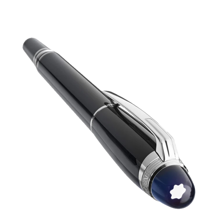 Vista de cima com logo Montblanc branco na Caneta StarWalker Precious Resin Fountain Piston Converter preta e prateada